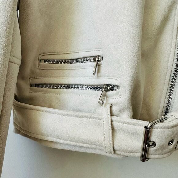 Philosophy Cream Faux Leather Suede Moto Jacket Asymmetrical Zipper Belt Size L - Picture 10 of 13